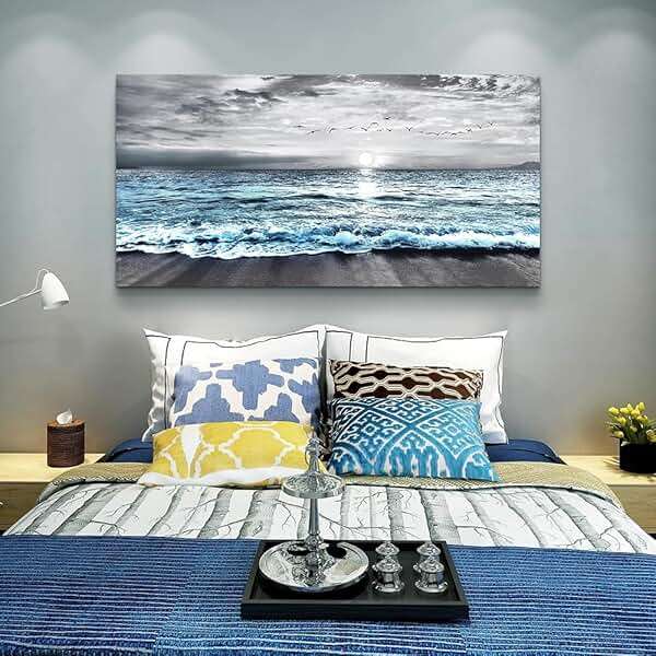 Wapluam Large Wall Decor For Living Room Canvas Wall Art For Bedroom Office Wall Decorations Black And White Painting Blue Sea Wave Pictures Artwork For Modern Stretched and Framed Beach Posters - Image 5