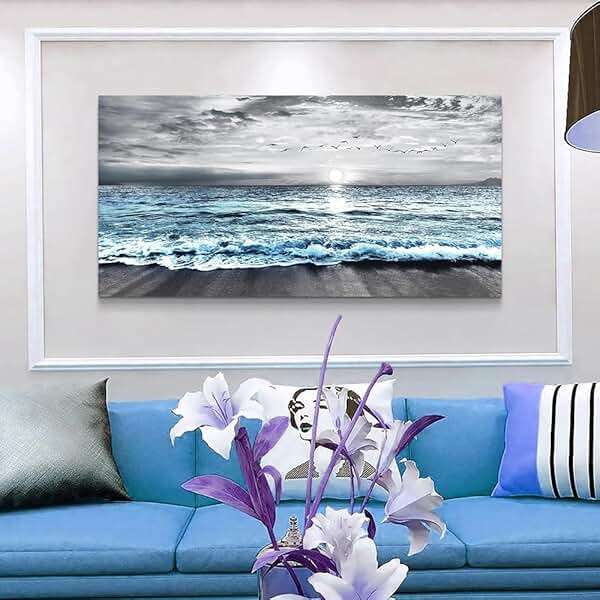 Wapluam Large Wall Decor For Living Room Canvas Wall Art For Bedroom Office Wall Decorations Black And White Painting Blue Sea Wave Pictures Artwork For Modern Stretched and Framed Beach Posters - Image 6