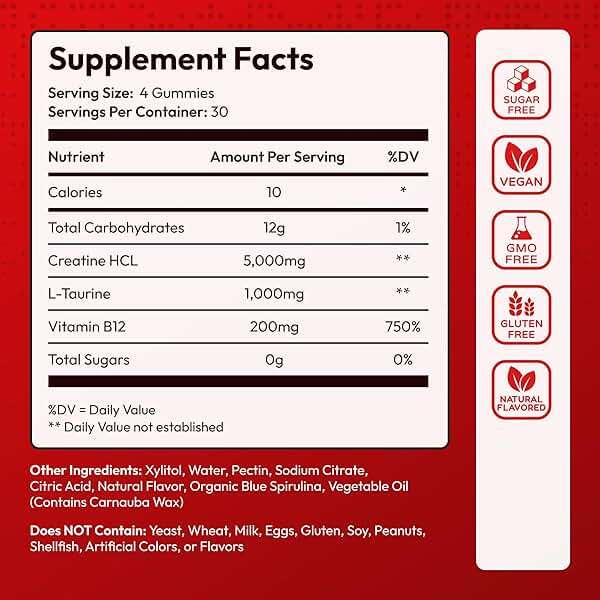 Creatine HCL for Adults 120 Gummies 6200mg - HCL Creatine Advanced Complex with L-Taurine + Vitamin B12 for Men & Women Muscle Strength & Builder, Energy Boost, Pre-Workout & Recovery Supplement - Image 7