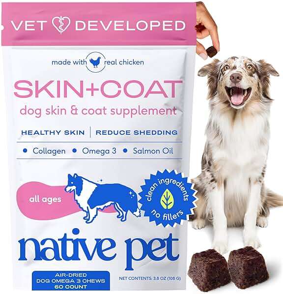 Native Pet Skin & Coat Chews - Omega 3 Fish Oil for Dogs Skin & Coat Supplement - Itch Relief, Shiny Fur & Shedding Support - Collagen, Hyaluronic Acid, Biotin, Probiotics & Salmon Oil - 60 Chews - Image 1