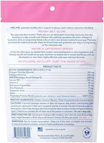 Native Pet Skin & Coat Chews - Omega 3 Fish Oil for Dogs Skin & Coat Supplement - Itch Relief, Shiny Fur & Shedding Support - Collagen, Hyaluronic Acid, Biotin, Probiotics & Salmon Oil - 60 Chews - Image 6