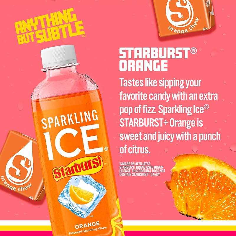 Sparkling Ice STARBURST Orange, Zero Sugar Flavored Sparkling Water, with Vitamins and Antioxidants, Low Calorie Beverage, 17 fl oz Bottles (Pack of 12). - Image 2