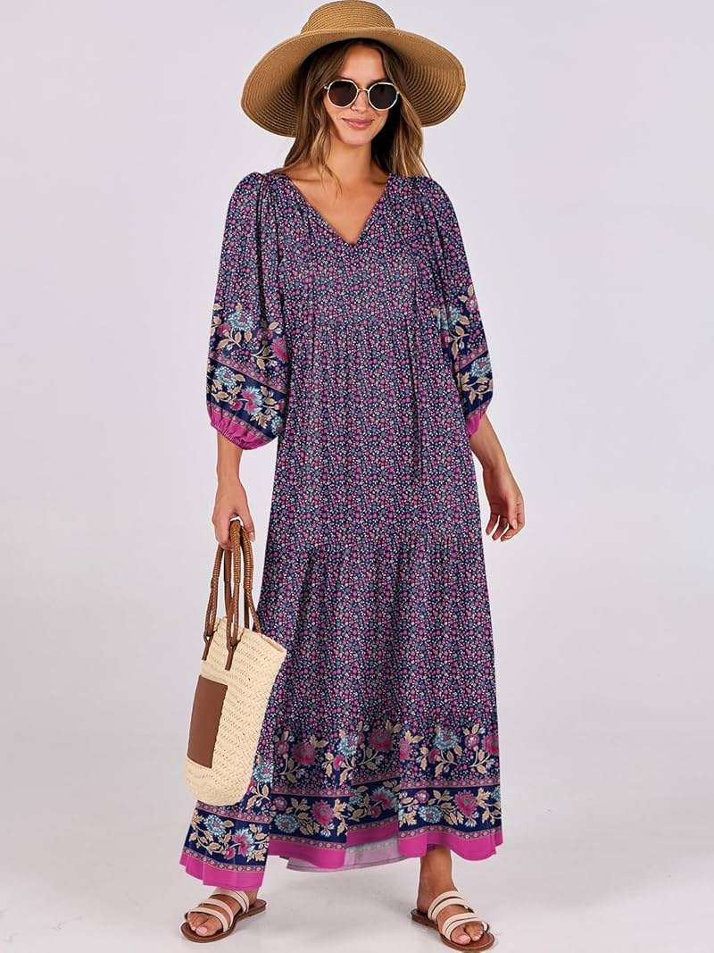 ANRABESS Womens Boho Maxi Dresses 2026 Summer V Neck Puff Sleeve Floral Flowy Swing Fall Casual Long Dress - Image 2