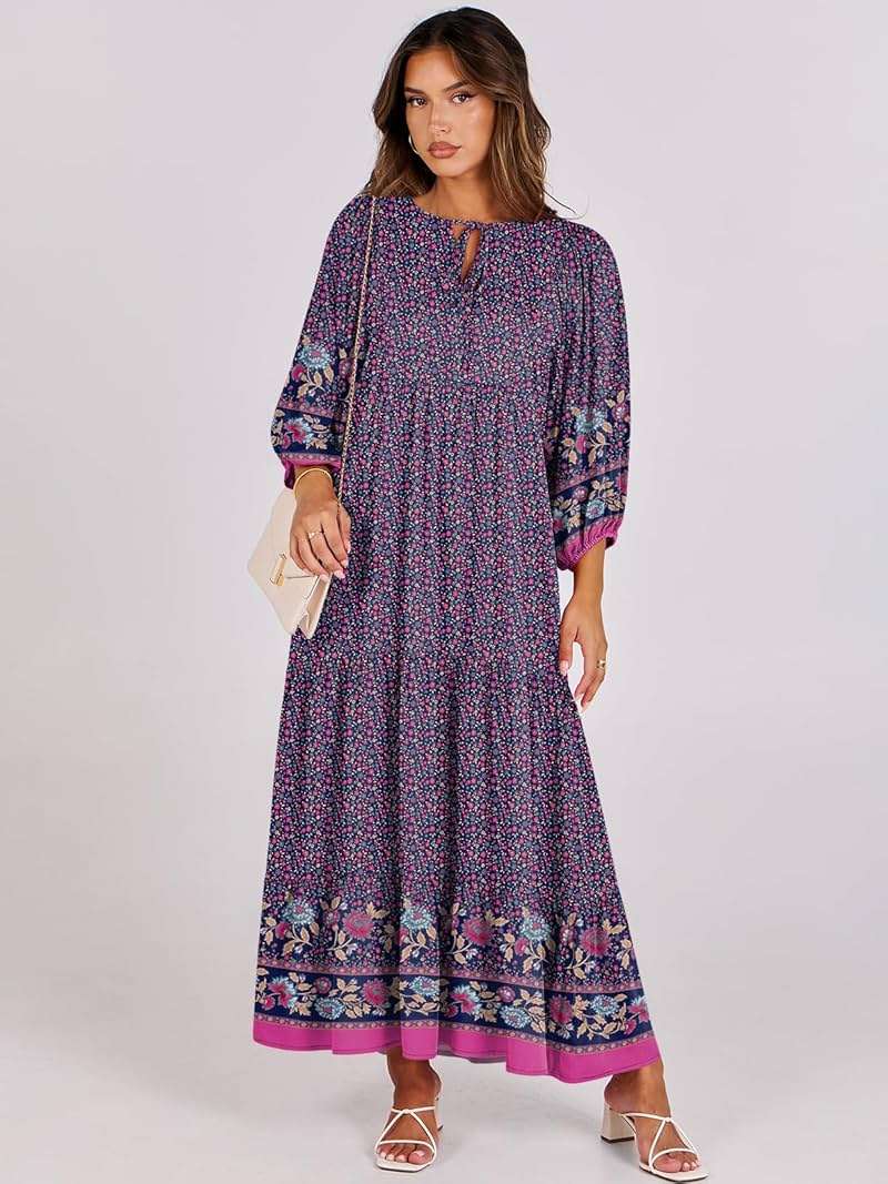ANRABESS Womens Boho Maxi Dresses 2026 Summer V Neck Puff Sleeve Floral Flowy Swing Fall Casual Long Dress - Image 3