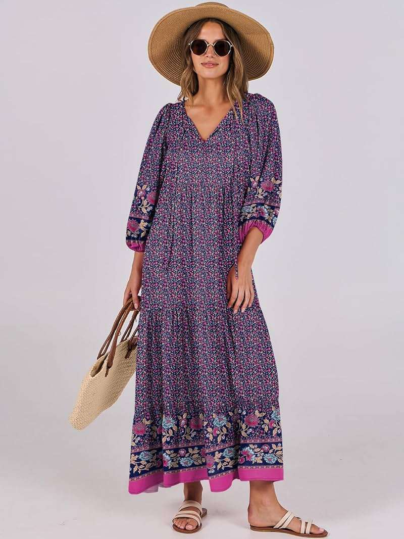 ANRABESS Womens Boho Maxi Dresses 2026 Summer V Neck Puff Sleeve Floral Flowy Swing Fall Casual Long Dress - Image 4