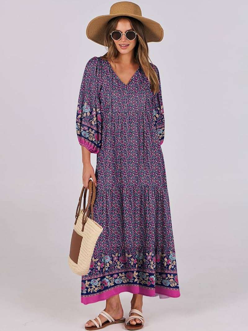 ANRABESS Womens Boho Maxi Dresses 2026 Summer V Neck Puff Sleeve Floral Flowy Swing Fall Casual Long Dress - Image 5