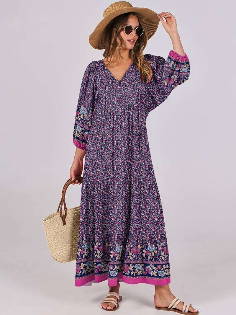 ANRABESS Womens Boho Maxi Dresses 2026 Summer V Neck Puff Sleeve Floral Flowy Swing Fall Casual Long Dress - Image 6