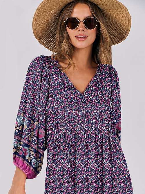 ANRABESS Womens Boho Maxi Dresses 2026 Summer V Neck Puff Sleeve Floral Flowy Swing Fall Casual Long Dress - Image 7