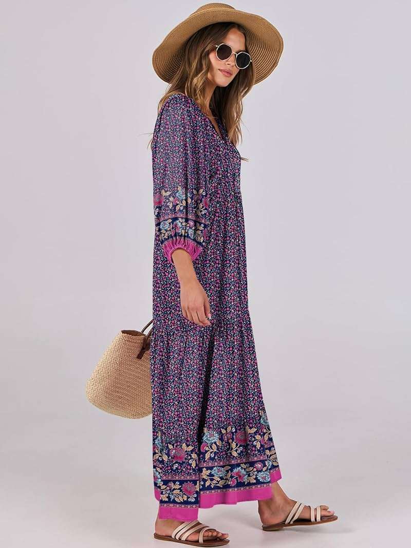 ANRABESS Womens Boho Maxi Dresses 2026 Summer V Neck Puff Sleeve Floral Flowy Swing Fall Casual Long Dress - Image 8