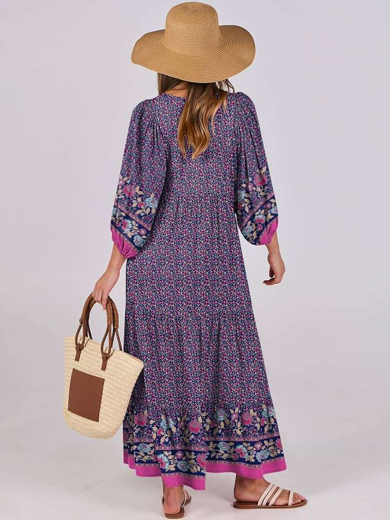 ANRABESS Womens Boho Maxi Dresses 2026 Summer V Neck Puff Sleeve Floral Flowy Swing Fall Casual Long Dress - Image 9