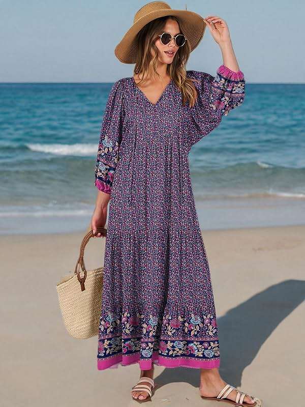 ANRABESS Womens Boho Maxi Dresses 2026 Summer V Neck Puff Sleeve Floral Flowy Swing Fall Casual Long Dress - Image 10