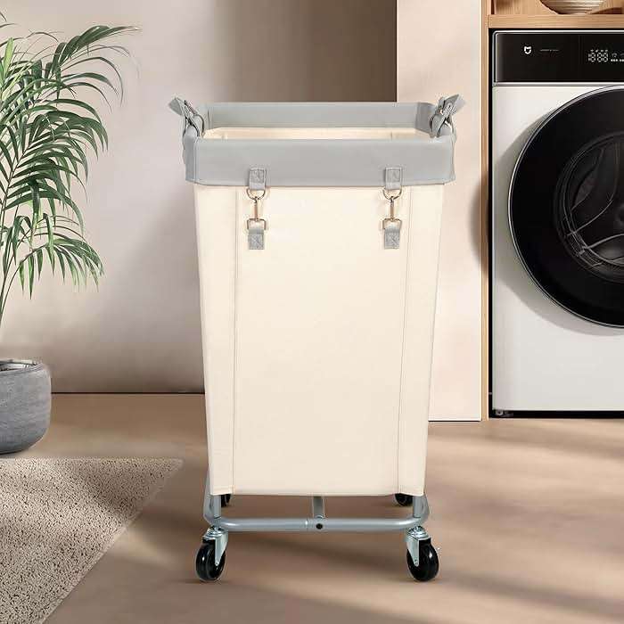 STO STO Laundry Hamper with Wheels, 160L Rolling Laundry Sorter Cart with Heavy Duty Steel Frame, Large Clothes Hamper with Handles for Bedroom, Bathroom, Laundry Room, Beige and Gray - Image 2