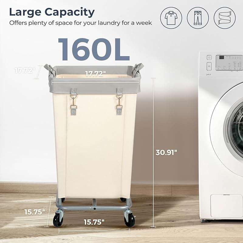 STO STO Laundry Hamper with Wheels, 160L Rolling Laundry Sorter Cart with Heavy Duty Steel Frame, Large Clothes Hamper with Handles for Bedroom, Bathroom, Laundry Room, Beige and Gray - Image 3