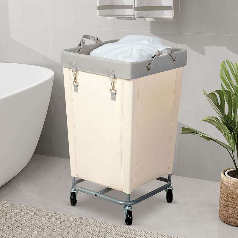 STO STO Laundry Hamper with Wheels, 160L Rolling Laundry Sorter Cart with Heavy Duty Steel Frame, Large Clothes Hamper with Handles for Bedroom, Bathroom, Laundry Room, Beige and Gray - Image 4