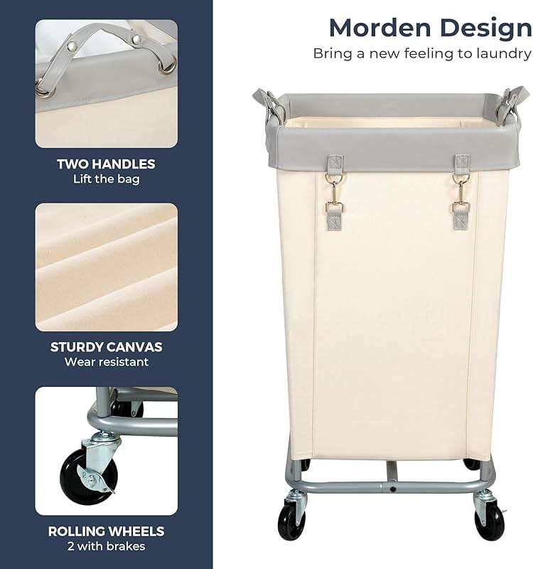 STO STO Laundry Hamper with Wheels, 160L Rolling Laundry Sorter Cart with Heavy Duty Steel Frame, Large Clothes Hamper with Handles for Bedroom, Bathroom, Laundry Room, Beige and Gray - Image 6