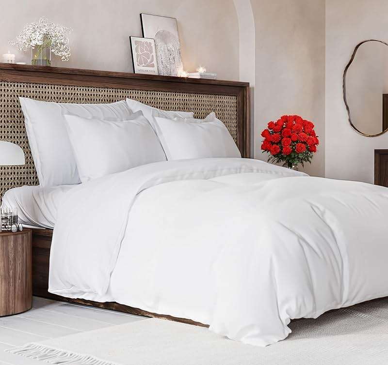 Duvet Cover Queen Size Set - Extra Soft Queen Size Duvet Cover 90 x 90 with 2 Pillow Shams - Hotel Luxury, Easy Care and Fade Free with Zipper Closures & Ties - Comfy, Breathable Bedding Set (White) - Image 1