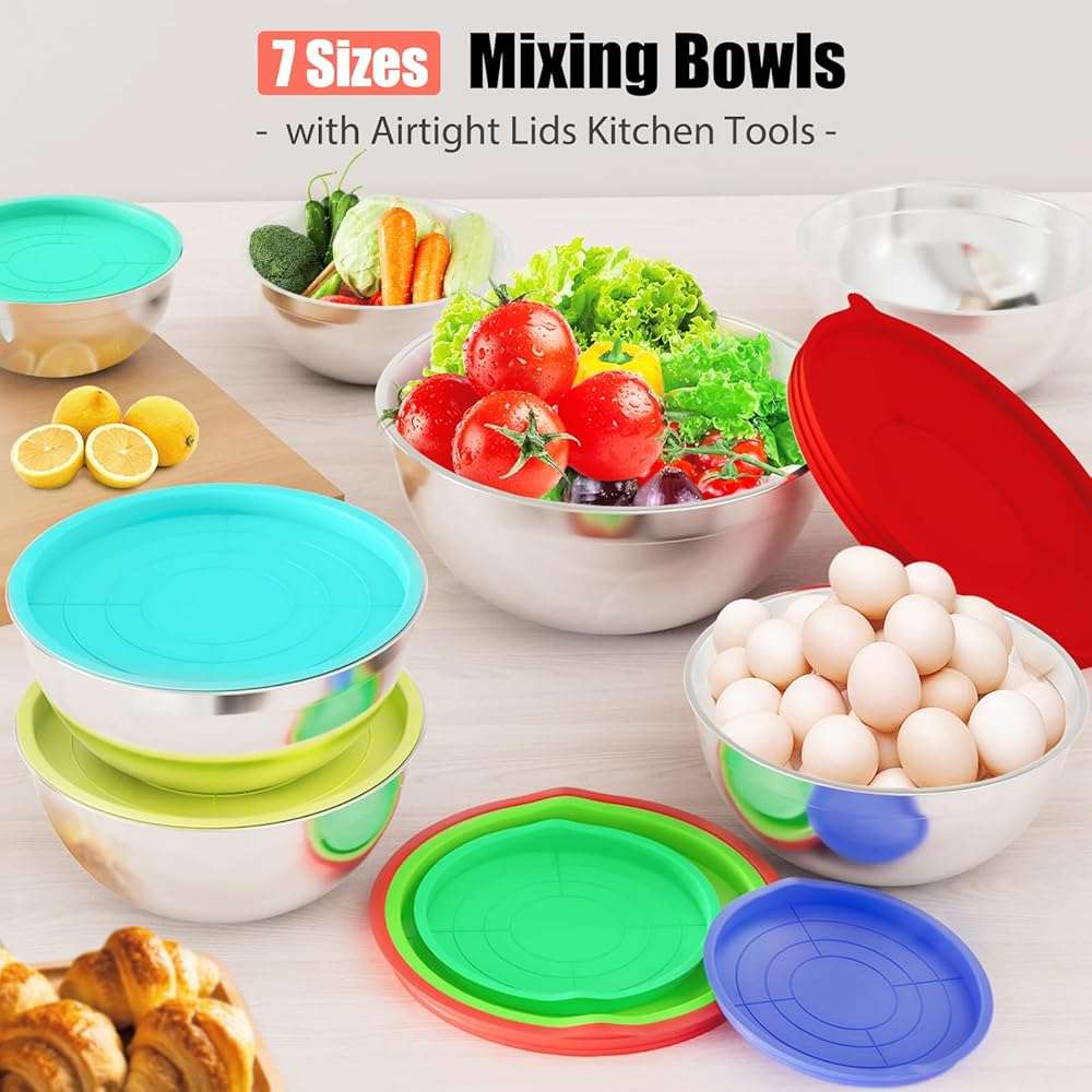 ENVTEK Mixing Bowls with Lids Set, 7 PCS Stainless Steel Mixing Bowls with 3 Grater Attachments, Size 4.5, 4, 3.5, 2.1, 1.5, 1.1, 0.7QT, Ideal for Kitchen Cooking Baking & Serving - Image 2