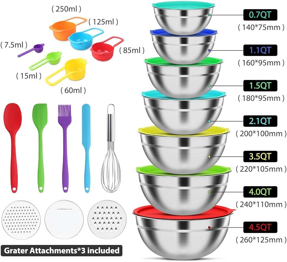 ENVTEK Mixing Bowls with Lids Set, 7 PCS Stainless Steel Mixing Bowls with 3 Grater Attachments, Size 4.5, 4, 3.5, 2.1, 1.5, 1.1, 0.7QT, Ideal for Kitchen Cooking Baking & Serving - Image 3