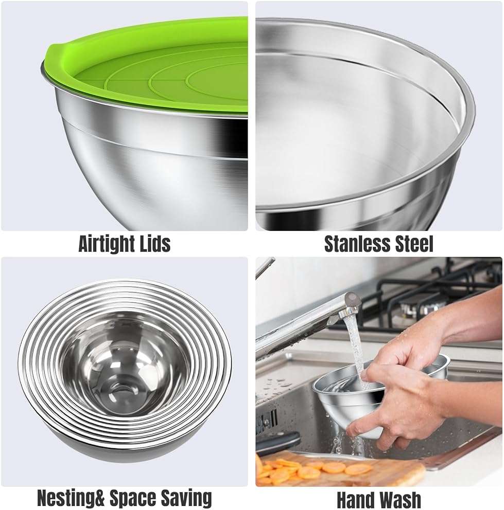 ENVTEK Mixing Bowls with Lids Set, 7 PCS Stainless Steel Mixing Bowls with 3 Grater Attachments, Size 4.5, 4, 3.5, 2.1, 1.5, 1.1, 0.7QT, Ideal for Kitchen Cooking Baking & Serving - Image 5
