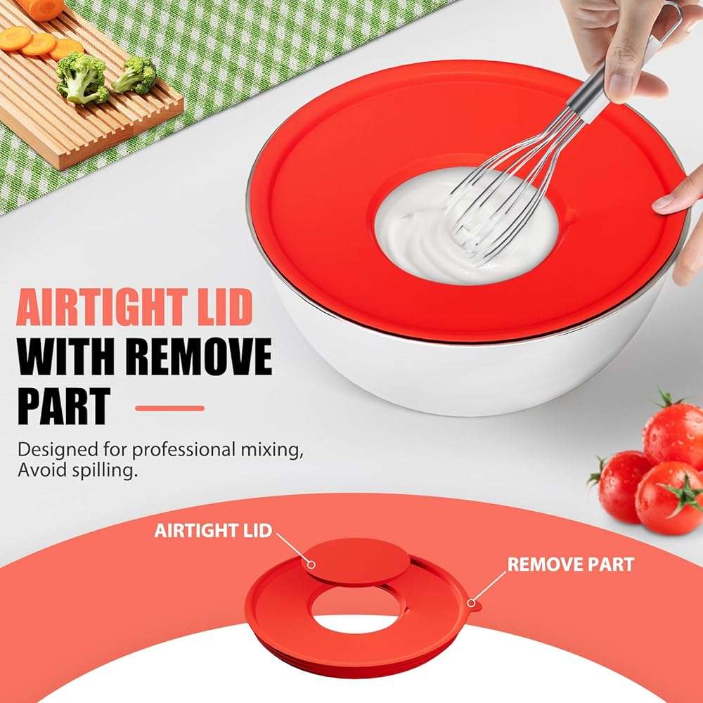 ENVTEK Mixing Bowls with Lids Set, 7 PCS Stainless Steel Mixing Bowls with 3 Grater Attachments, Size 4.5, 4, 3.5, 2.1, 1.5, 1.1, 0.7QT, Ideal for Kitchen Cooking Baking & Serving - Image 6