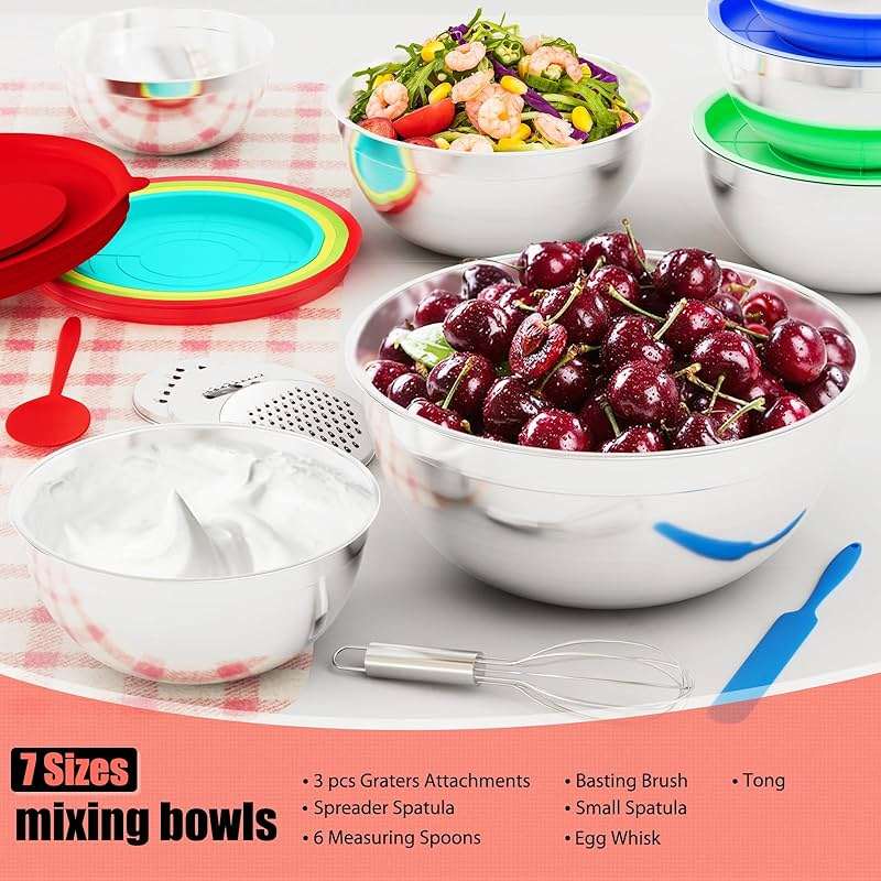 ENVTEK Mixing Bowls with Lids Set, 7 PCS Stainless Steel Mixing Bowls with 3 Grater Attachments, Size 4.5, 4, 3.5, 2.1, 1.5, 1.1, 0.7QT, Ideal for Kitchen Cooking Baking & Serving - Image 8
