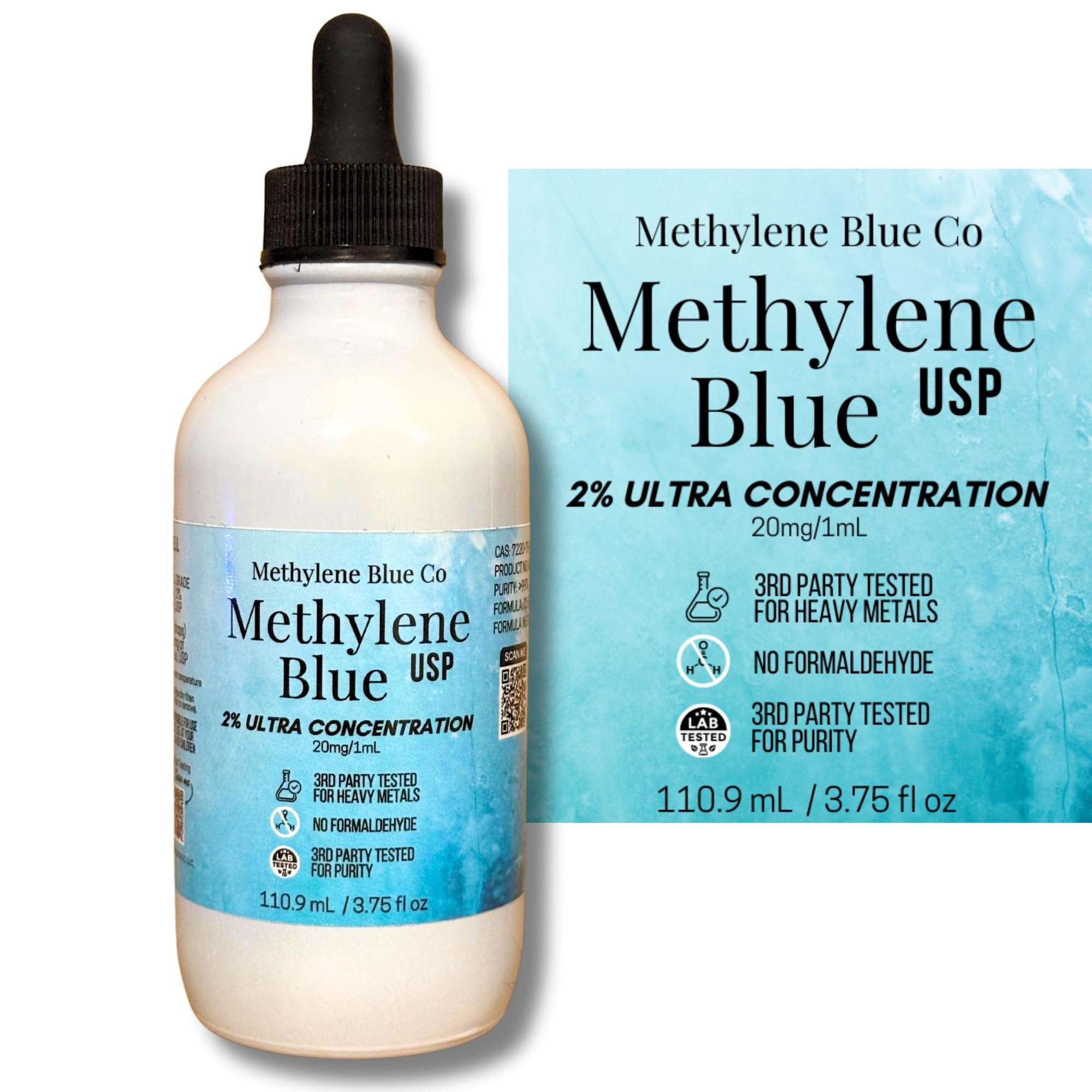 2% Methylene Blue 3.75 fl oz, USA Made Ultra Concentration Glass Bottle and Dropper Pharmaceutical Grade for Humans Nootropic Supplement - Heavy Metals Tested - Image 1