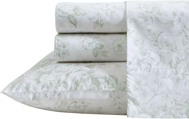 Laura Ashley – Queen Size Sheet Set, Crisp & Lightweight Cotton Percale Bedding with Fitted Sheet and Pillowcases, Floral Room Decor, Deep Pocket, College Dorm Room Essentials (Toile Delight Green) - Image 1
