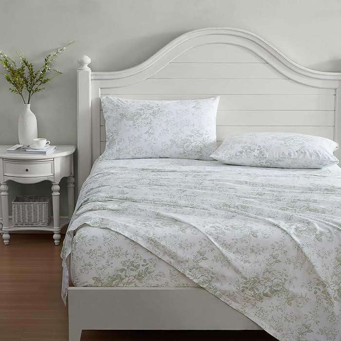 Laura Ashley – Queen Size Sheet Set, Crisp & Lightweight Cotton Percale Bedding with Fitted Sheet and Pillowcases, Floral Room Decor, Deep Pocket, College Dorm Room Essentials (Toile Delight Green) - Image 2