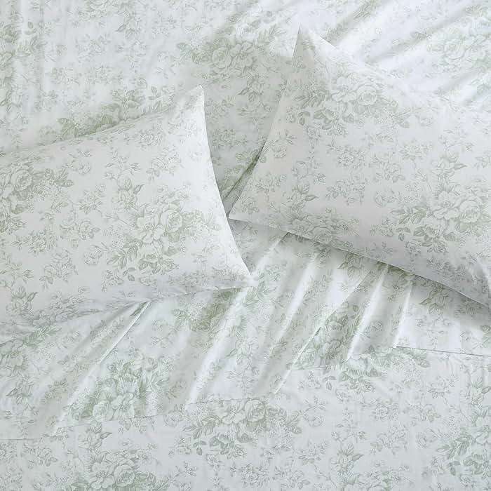 Laura Ashley – Queen Size Sheet Set, Crisp & Lightweight Cotton Percale Bedding with Fitted Sheet and Pillowcases, Floral Room Decor, Deep Pocket, College Dorm Room Essentials (Toile Delight Green) - Image 4