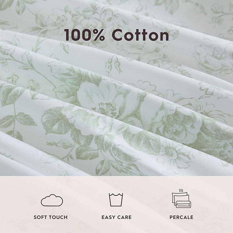 Laura Ashley – Queen Size Sheet Set, Crisp & Lightweight Cotton Percale Bedding with Fitted Sheet and Pillowcases, Floral Room Decor, Deep Pocket, College Dorm Room Essentials (Toile Delight Green) - Image 5