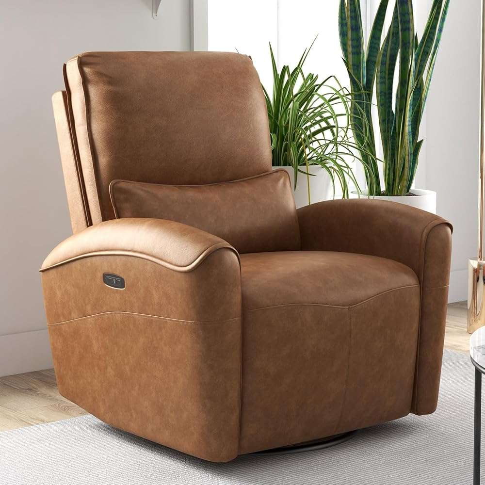 Bonzy Home Power Swivel Rocker Recliner Chair with USB Port, 23.2" Wide Seat, Fixed Lumbar Support, Upholstered Glider Chair for Nursery Living Room, Brown - Image 1