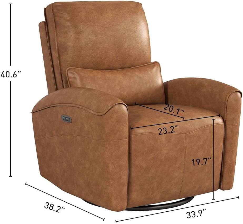 Bonzy Home Power Swivel Rocker Recliner Chair with USB Port, 23.2" Wide Seat, Fixed Lumbar Support, Upholstered Glider Chair for Nursery Living Room, Brown - Image 2