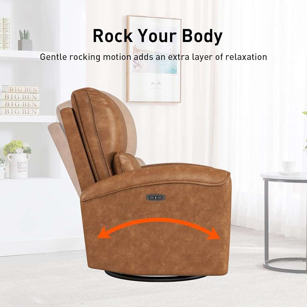 Bonzy Home Power Swivel Rocker Recliner Chair with USB Port, 23.2" Wide Seat, Fixed Lumbar Support, Upholstered Glider Chair for Nursery Living Room, Brown - Image 3
