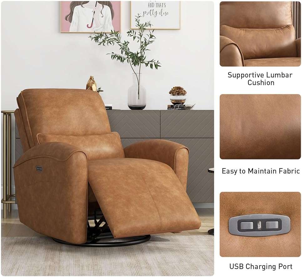 Bonzy Home Power Swivel Rocker Recliner Chair with USB Port, 23.2" Wide Seat, Fixed Lumbar Support, Upholstered Glider Chair for Nursery Living Room, Brown - Image 4
