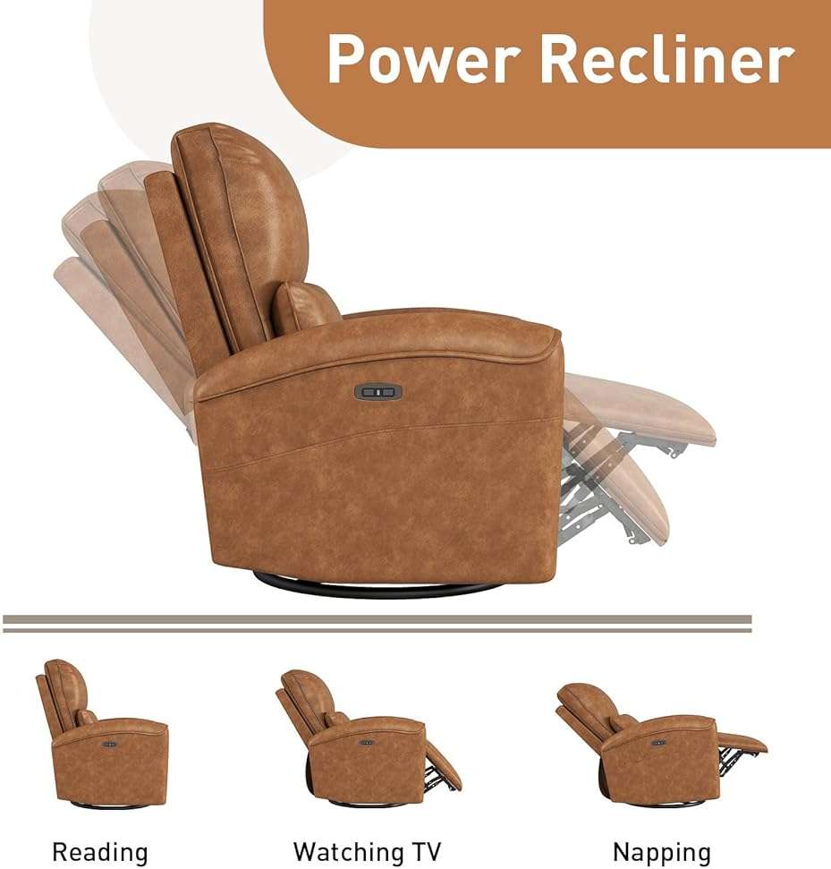 Bonzy Home Power Swivel Rocker Recliner Chair with USB Port, 23.2" Wide Seat, Fixed Lumbar Support, Upholstered Glider Chair for Nursery Living Room, Brown - Image 6