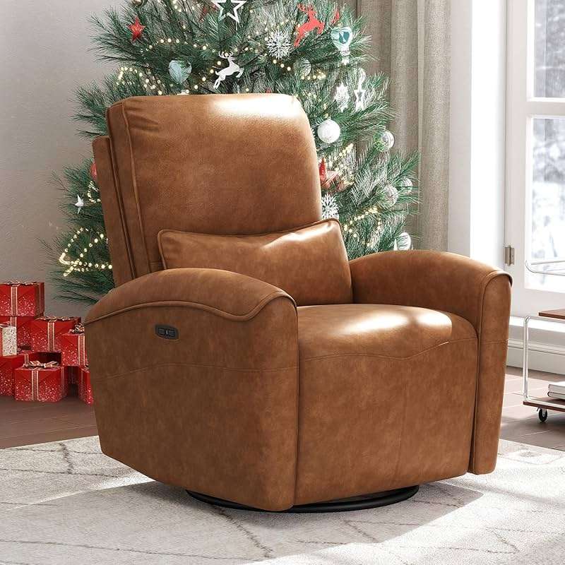 Bonzy Home Power Swivel Rocker Recliner Chair with USB Port, 23.2" Wide Seat, Fixed Lumbar Support, Upholstered Glider Chair for Nursery Living Room, Brown - Image 7
