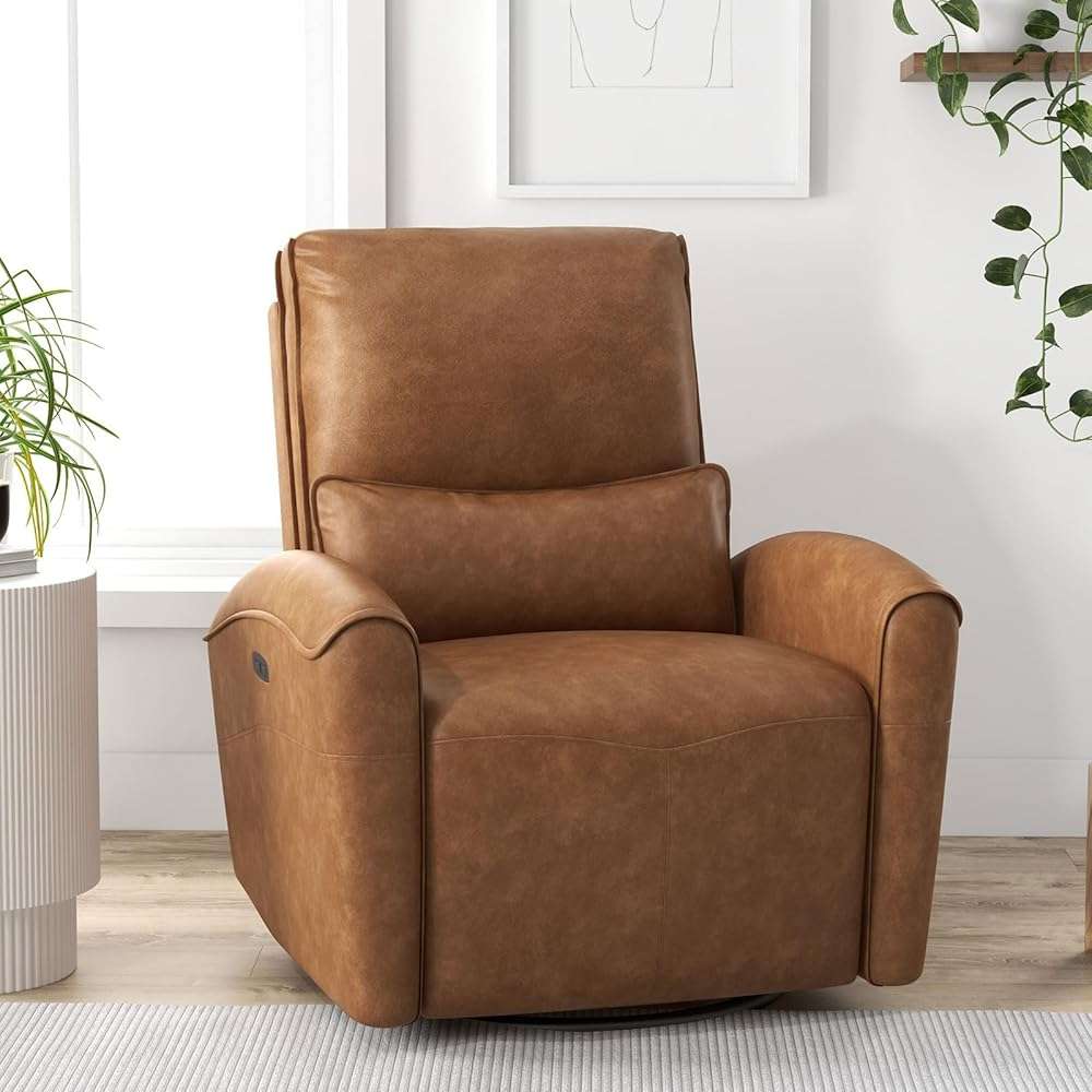 Bonzy Home Power Swivel Rocker Recliner Chair with USB Port, 23.2" Wide Seat, Fixed Lumbar Support, Upholstered Glider Chair for Nursery Living Room, Brown - Image 8