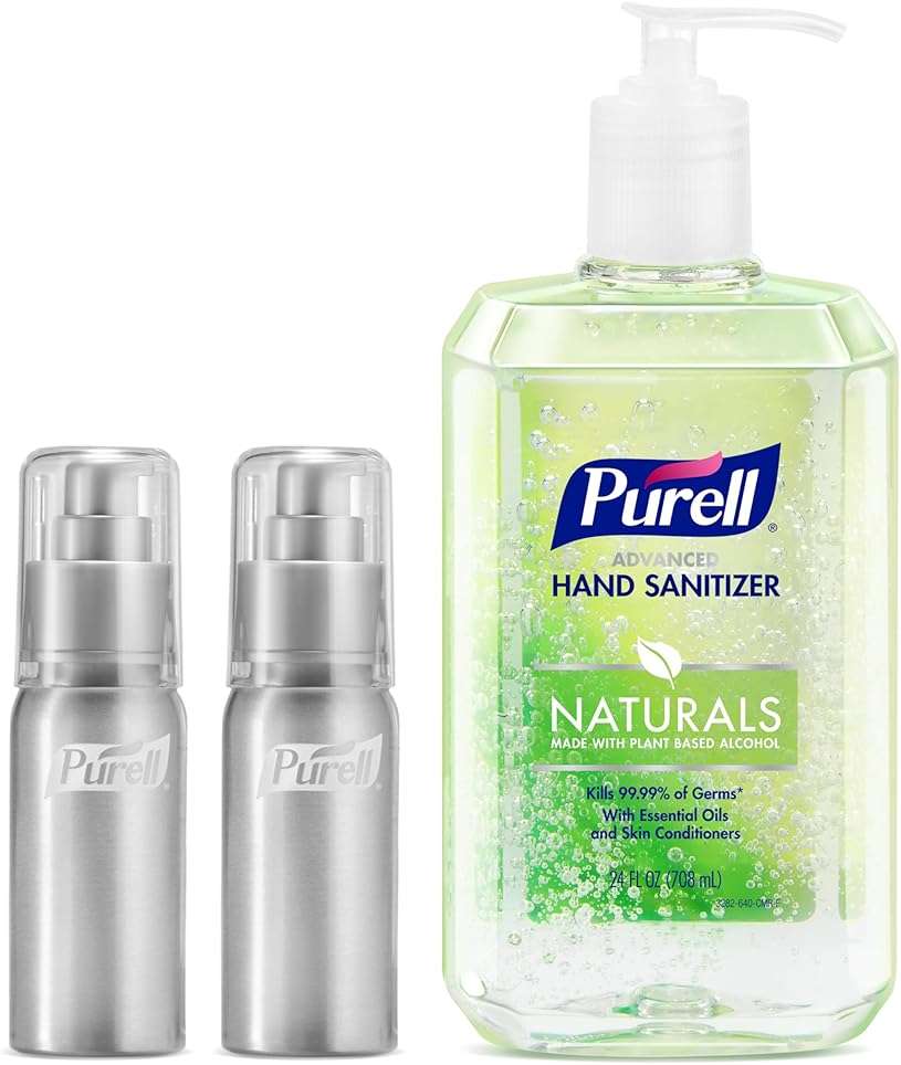 PURELL Advanced Hand Sanitizer Naturals + Refillable Aluminum Bottles, (2) 2 fl oz Travel-Size Bottles (Shipped Empty) and (1) 24 fl oz Refill (Pack of 1) – 3282-12KIT-EC - Image 1