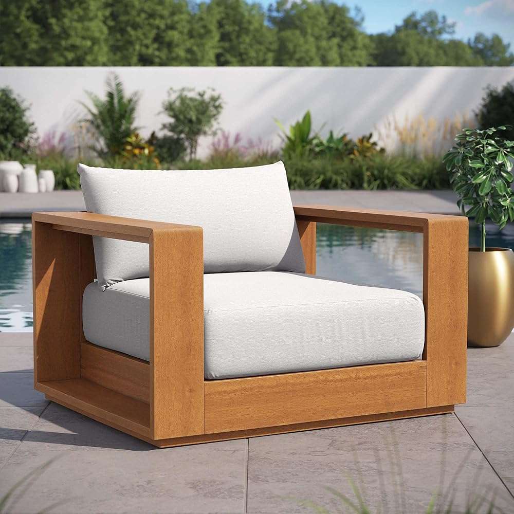 Modway Tahoe Acacia Wood Outdoor Patio Chair in Natural Light Gray with Weather-Resistant Cushions - Ideal as Club Chair or Outdoor Dining Chair - Image 2