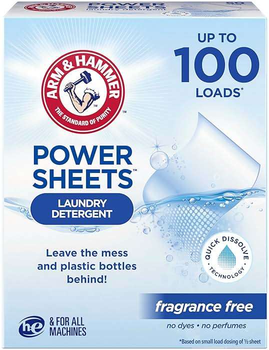 ARM & HAMMER 5in1 Power Sheets Laundry Detergent, Free & Clear, 50 Count, up to 100 Small Loads - Image 1