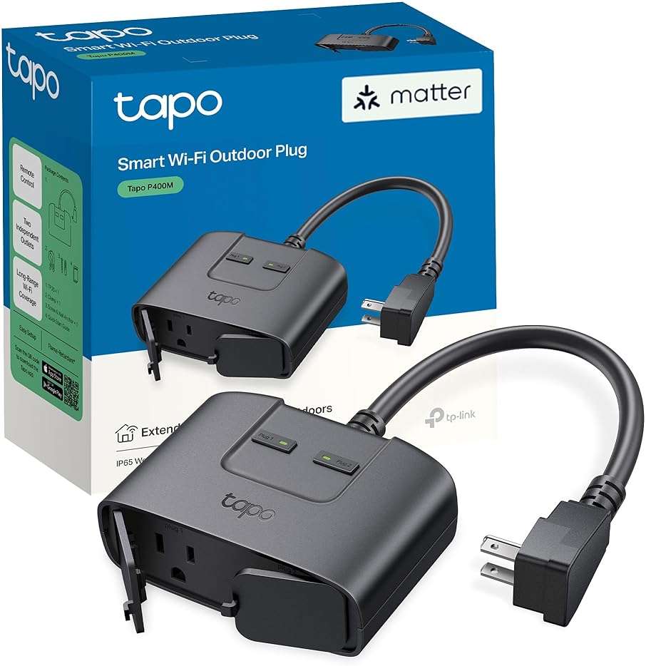 TP-Link Tapo Matter Outdoor Smart Plug, 2 Individual Outlets, IP65 Weather Resistance, Works with Apple Home, Alexa, Google Home, Long Wi-Fi Range, 2.4G Wi-Fi Only, ETL Certified (Tapo P400M) - Image 1