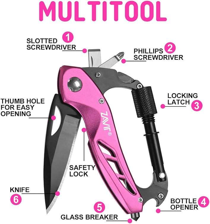Multitool with Pocket Knife for Women, EDC Keychain Box Cutter with Window Breaker, Screwdriver, Bottle Opener, Camping Hiking Gear Gadget, Gifts for Women Mom Wife - Mothers Day Birthday Christmas - Image 4