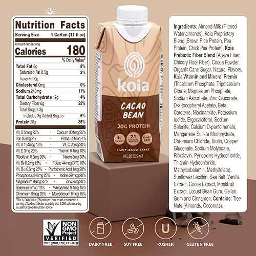 Koia Plant Based Protein Shake, Cacao Bean, 20g Protein, 3g Sugar, 6g Prebiotic Fiber, 21 Vitamins & Minerals, Meal Replacement Drinks, Dairy-Free, Gluten-Free, Non-GMO, 11 Fl Oz (Pack of 12) - Image 2