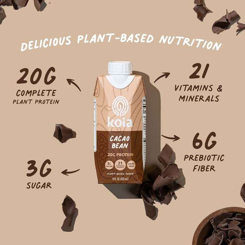 Koia Plant Based Protein Shake, Cacao Bean, 20g Protein, 3g Sugar, 6g Prebiotic Fiber, 21 Vitamins & Minerals, Meal Replacement Drinks, Dairy-Free, Gluten-Free, Non-GMO, 11 Fl Oz (Pack of 12) - Image 3