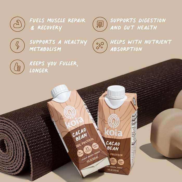 Koia Plant Based Protein Shake, Cacao Bean, 20g Protein, 3g Sugar, 6g Prebiotic Fiber, 21 Vitamins & Minerals, Meal Replacement Drinks, Dairy-Free, Gluten-Free, Non-GMO, 11 Fl Oz (Pack of 12) - Image 4