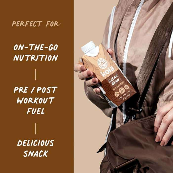 Koia Plant Based Protein Shake, Cacao Bean, 20g Protein, 3g Sugar, 6g Prebiotic Fiber, 21 Vitamins & Minerals, Meal Replacement Drinks, Dairy-Free, Gluten-Free, Non-GMO, 11 Fl Oz (Pack of 12) - Image 5