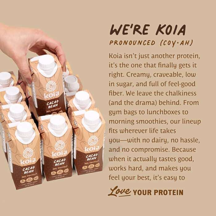 Koia Plant Based Protein Shake, Cacao Bean, 20g Protein, 3g Sugar, 6g Prebiotic Fiber, 21 Vitamins & Minerals, Meal Replacement Drinks, Dairy-Free, Gluten-Free, Non-GMO, 11 Fl Oz (Pack of 12) - Image 9