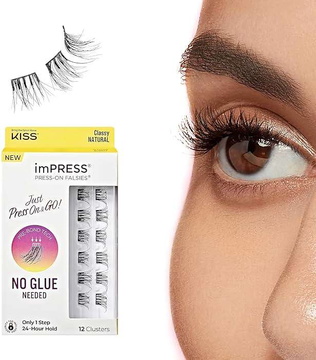 Kiss Impress Falsies Press On Self Adhesive Eyelashes, 10mm-12mm Natural Volume Press On Lashes, Black, No Glue Needed, Invisible Band, 12 Lash Clusters - Classy - Image 1