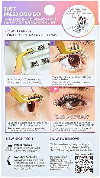 Kiss Impress Falsies Press On Self Adhesive Eyelashes, 10mm-12mm Natural Volume Press On Lashes, Black, No Glue Needed, Invisible Band, 12 Lash Clusters - Classy - Image 9