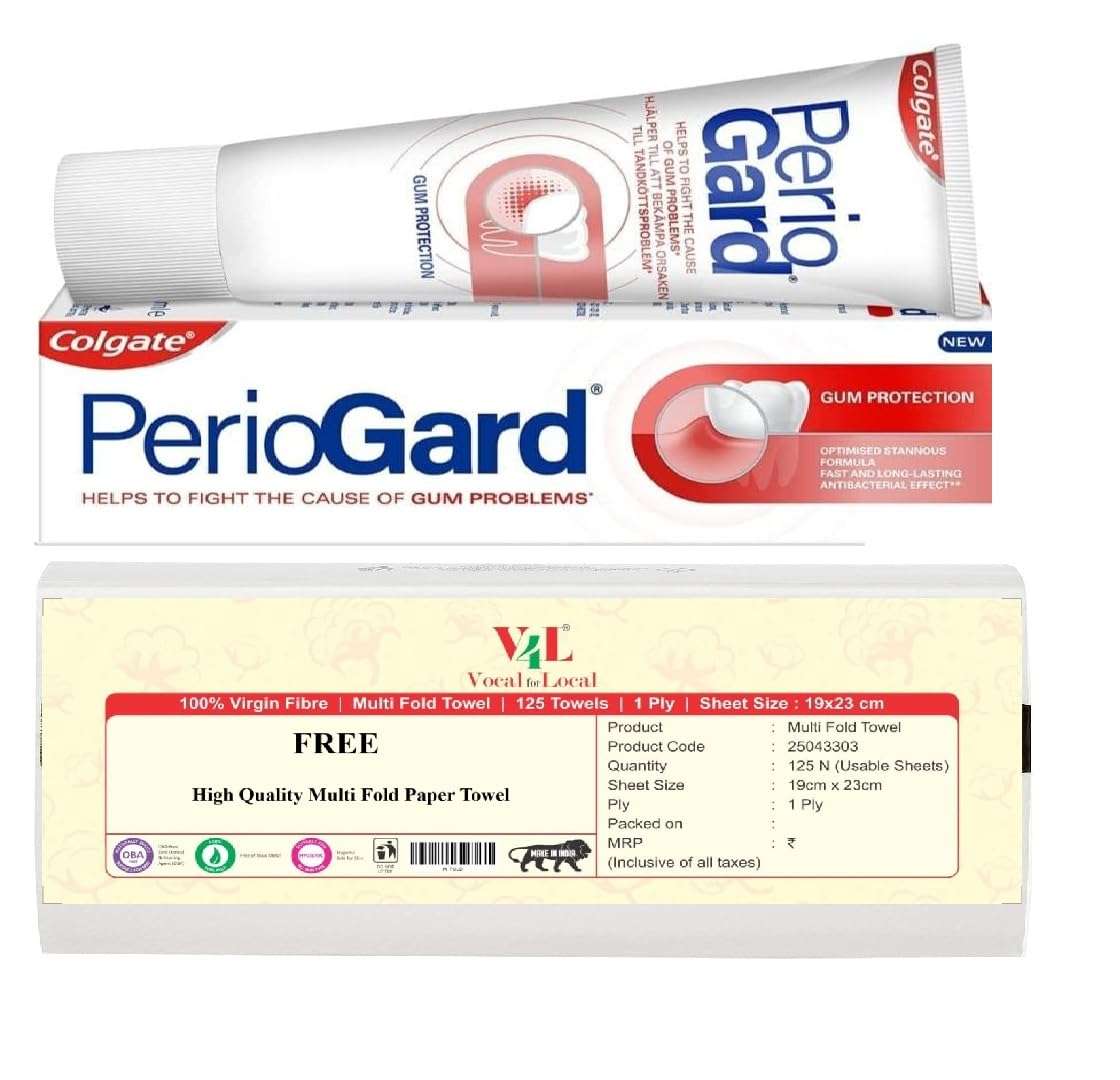 Colgate Gum Protection PerioGard Toothpaste 90grm/3.2oz Helps Fight Plaque Dual Active Formula Helps to Keep Gums Healthy + V4L 125 Sheets Multifold Paper Towel Free - Image 1